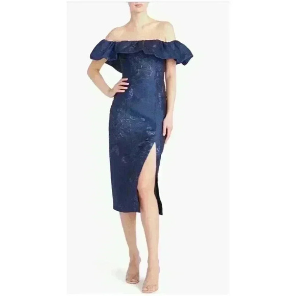 New Monique Lhuillier Cocktail Dress Off-The-Shoulder Bow Metallic Floral Size 8 - Picture 1 of 13